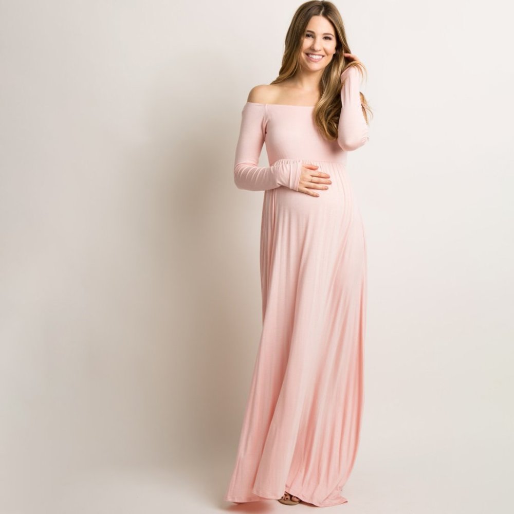 PinkBlush Pink Solid Off Shoulder Maternity Maxi Dress, small